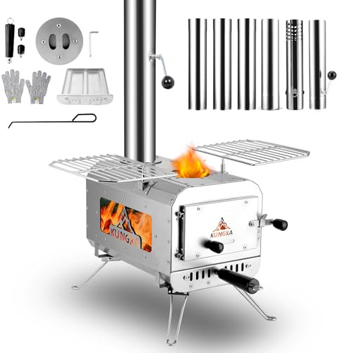 KUNGKA Poêle à bois portable de 2,2 m de hauteur, petit réchaud en acier inoxydable avec 6 tuyaux de cheminée pour chauffage extérieur, cuisine, chasse et pêche sur glace
