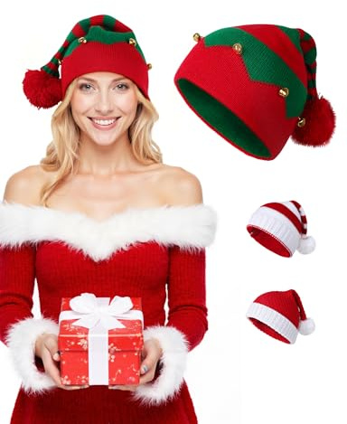MELLIEX Weihnachtsmütze Strickmütze Weihnachten Winter Elf Pom Beanie Für Erwachsene - L