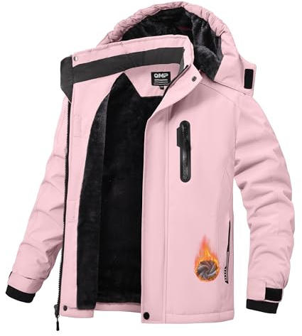QMP Boys Winter Coat Jackets Snow Suit for Kids Rain Fleece Warm Waterproof Insulated Softshell Ski Snowboard Jackets for Girls Windproof with Zip Pockets Hoode Pink 8-9