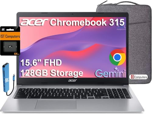 Acer Chromebook 315 Laptop (15.6 FHD, Intel Celeron N4500, 4GB RAM, 128GB Storage (64GB eMMC + 64GB SD Card) Home & Student, Long Battery Life, Numeric KB, Wi-Fi, Webcam, IST Hub, Chrome OS, Silver