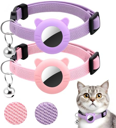 GSrenyu Katzenhalsband mit Glöckchen, elastisches Katzenhalsband mit Apple-Airtag-Halter, verstellbar, 19,1–32 cm, GPS-Tracker-Halsbänder für Katzen, Kätzchen, 2 Stück