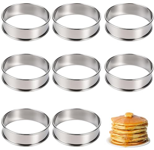 8PCS Crumpet Rings, Non-Stick Stainless Steel Cooking Rings for Baking, Double Rolled Tart Rings, for Egg Cooking, Fried Egg, Durable Baking for Home Baking, Food Making (Silver)