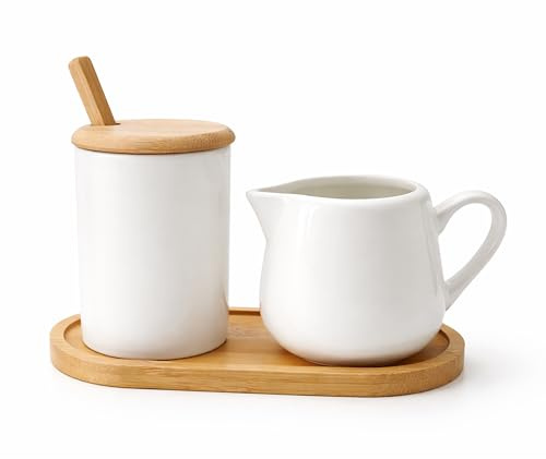 FloraVigo Milch und Zucker Set, Milch- und Zuckerset mit Löffel mit Deckel/Keramik-Milchkännchen mit Tablett, mikrowellengeeignet, geeignet für Milch und Zucker in Cafés.