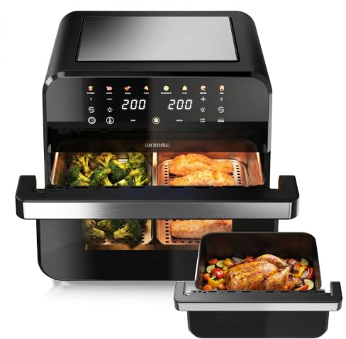 Arendo - XXL Heißluftfritteuse 12 Liter - 2 Kammern trennbar / 1 Kammer Match Funktion - extra Groß - Backofen Umluft - Grill - Airfryer mit Fenster - Fritteuse ohne Öl - Pizza Hähnchen Pommes