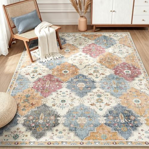 INOVADAY Boho Rugs Living Room 90x150 cm Vintage Washable Rug Orange/Red