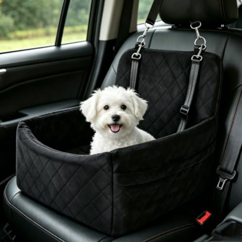 Hunde Autositz für kleine Hunde – Auto Hundesitz mit Memory-Schaum, Sitzerhöhung für Welpen, abnehmbar & waschbar, mit 2 Sicherheitsgurten, Hundebett fürs Auto 45 x 45 x 34 cm