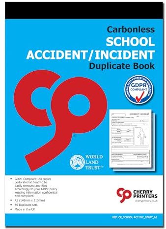Cherry Printers | Carbonless School Accident Incident Duplicate Book | A5 Accident & Incident Reporting Forms for Schools Nurseries & Academies | GDPR Compliant | 50 Duplicate Sets | Made in the UK
