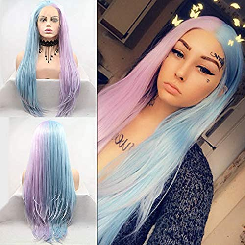Karissa Haar Rosa Blau Synthetische Lace Front Perücken für Frauen Natürlich Aussehende Lange Gerade Regenbogen Lace Front Perücke mit Babyhaar Hitzebeständige Ersatz Ombre Haar Cosplay Perücke