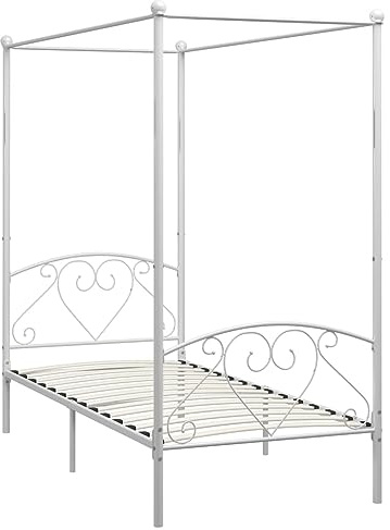 vidaXL Cadre de Lit à Baldaquin Lit Simple Lit Adulte Lit Coffre Sommier à Lattes Chambre à Coucher Maison Intérieur Blanc Métal 100x200 cm