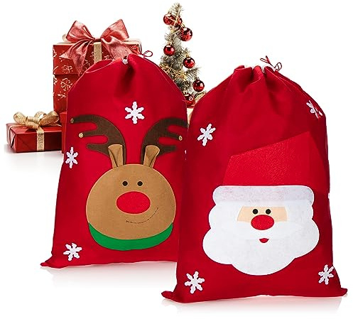 com-four® 2x Geschenksack XL mit weihnachtlichen Motiven, Nikolausbeutel | Weihnachtssack - Gabenbeutel für Weihnachtsmannkostüm und X-Mas-Dekoration [Auswahl variiert]