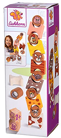 Eichhorn - Stapelspiel Bauernhof, Tiere passend zum Fellmuster aufstapeln, 54 cm hoch, 14 teilig, aus 100 Prozent FSC zertifiziertem Buchenholz, ab 2 Jahren