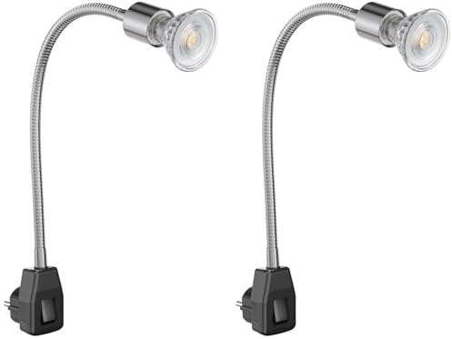 ledscom.de 2x Steckdosenlampe LESCH Leselampe Schwanenhals, Schalter, chrom/schwarz + LED Lampe 504lm 44° weiß