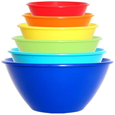 Youngever Lot d 6 Grands Bols en Plastique de 3L, Bols Mélangeurs, Bols Saladiers, 3.5L 2.4L 1.5L 1L 650ML 350ML (Rainbow)