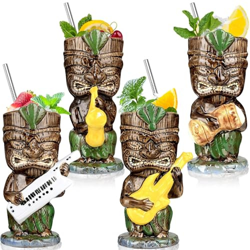 Tiki Gläser Becher für Cocktails Tiki Becher Set mit 4 Keramik-Partybechern Musikband Orchestra cooler Stil Tiki Glas Bar Dekor Vintage Hawaii Gläser Trinkdekorationen tropisches Trinkgeschirr
