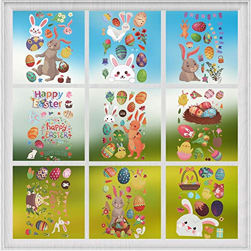 154 pièces Autocollants de fenêtre de pâques, autocollants en pvc auto-adhésifs sans résidu de colle réutilisables, ensemble d'images de décoration de pâques comprenant un lapin de pâques (vert)