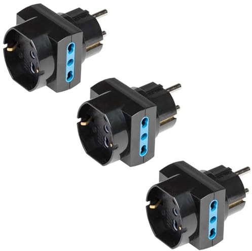 POLY POOL - PP2351.13 Multistandard-Adapter mit Schukostecker, Set mit 3 Adaptern mit Stecker 16A und Buchsen italienisch und deutsch 10A - 16A, Set mit 3 Adaptern, Schwarz