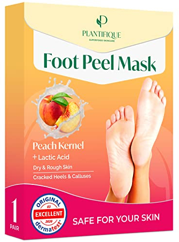 Plantifique Foot Peel Mask – 1 Pair Exfoliating & Dermatologically Tested Foot Treatment, Removes Dead Skin & Repairs Heels for Soft Feet – Peach Scent, Gift for Women & Men
