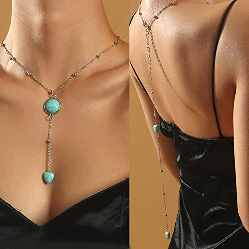 TseenYi Halskette mit türkisfarbenem Rücken,Boho-Halskette türkisfarbenem Hintergrund,lange Herz,Y-Halskette,silberfarben,türkis,Tropfenkette,Strand,Hochzeit,rückenfreier Kettenschmuck Frauen Mädche