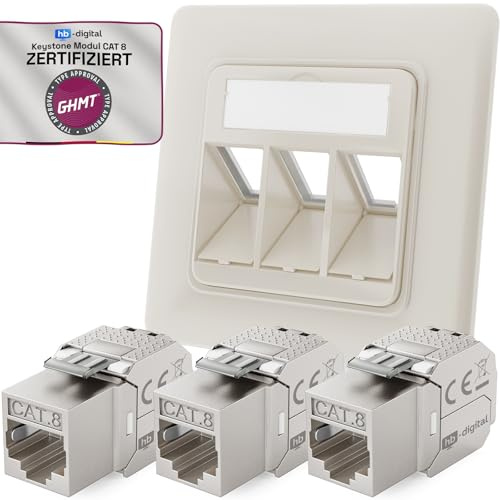 hb-digital Prise réseau 3 ports CAT 8 encastrée RAL9010 + 3X GHMT certifié CAT 8 Keystone RJ45 Module LAN Ethernet Keystone Prise femelle encastrable max. 40 Gbit/s STP - Blanc pur