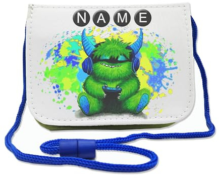Maus-Design Kinder Brustbeutel Zocker-Monster mit Name und Schriftartwahl | Klettverschluss, Schnur zum Umhängen, Klarsichtfach, Personalisiert