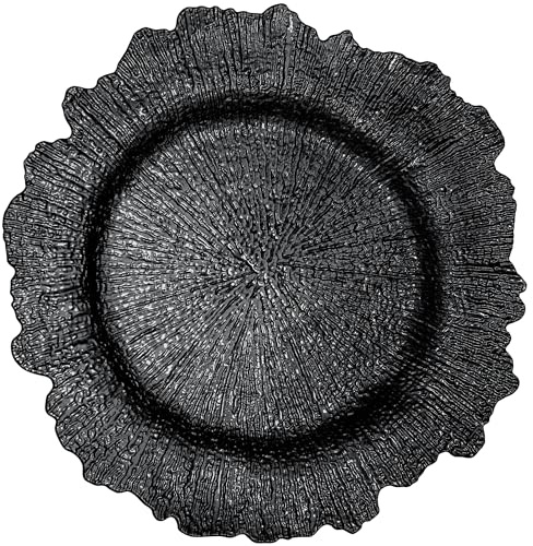 TABLETROVES Black Charger Plates Set - 13” Vintage Plastic Dinnerware Set - Reusable Elegant Serving Plates for Parties, Weddings and Events 12 Set