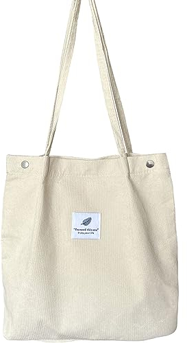 KEYRI Groß Umhängetasche Cord Tasche Damen Shopper Tote Bag Kord Handtasche Schultertaschen Ultraleicht Einkauftasche Fashion Stofftasche für Alltag Arbeit Büro Schule Reisen (Weiß)