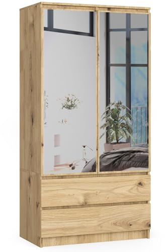 AKORD Kleiderschrank mit Spiegel S 90 cm 2 Türen 2 Schubladen mit Regalen und Einer Kleiderstange für EIN Schlafzimmer Kleiderschränke | Laminierte Platte 16 mm | Farbe: Kunsthandwerkliche Eiche