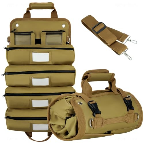 Tomorotec Robuste Rolltasche zum Aufrollen – Werkzeugtasche mit 2 abnehmbaren Taschen, beschrifteten Fächern und erweiterbaren Taschen – kompakte, tragbare Aufbewahrung