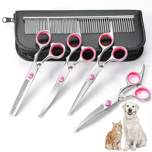 GoldOars Hundeschere Fellschere 6 in 1 Gebogen Hunde Scheren Set Profi Edelstahl-Effilierschere für Katzen - mit 7,5-Zoll-Schere Ausdünnung Schere, Gebogene Schere, Grooming Kamm