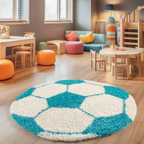 SIMPEX Kinderteppich Rund 120 cm Blau Weiß Weicher Hochflor Spielteppich mit Fußball Motiv Pflegeleicht & rutschfest Ideal für Jungenzimmer & Mädchenzimmer im Jugendstil