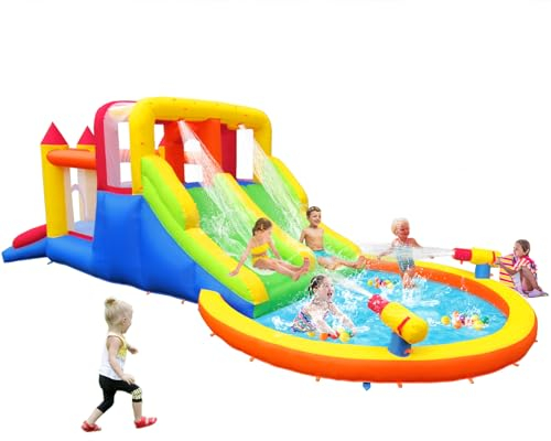 Baralir Große Aufblasbare Kinder-Hüpfburg mit Nass- und Trockenrutsche, Abenteuerspielplatz für den Garten, Hält bis zu 5 Kinder/200KG (ohne Gebläse) 6.28L x 2.93W x 1.95H m