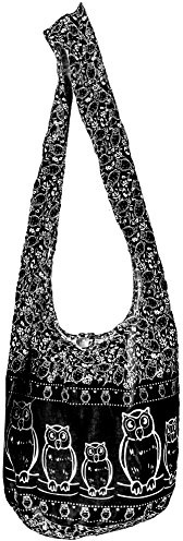 CCcollections slingväska bomull 40 tryck män eller kvinnor crossbody-väska stor BOHO hippie hobo-handväska, (Uggla-svart)