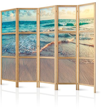 murando - Paravent Raumteiler Holz Botanik Abstrakt, 225x172 cm, 5-teilig | Mobiler Sichtschutz, sofort einsatzbereit, Holzrahmen, ideal fürs Wohnzimmer oder Büro, geruchsneutral, lichtbeständig