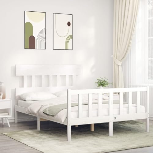 Camerina Massivholzbett mit Kopfteil Bettgestell Bed Frame Holzbett Kopfteil Bett Schlafzimmer Bett Massivholzbetten Weiß 120x200 cm 3193332