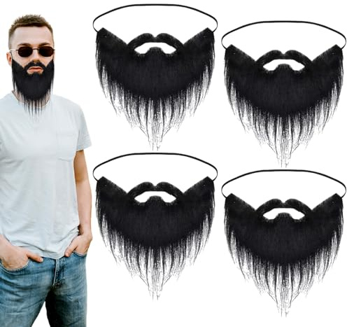 EUPSIIU 4 stycken falska för fest, falskt skägg, svart falskt skägg, roliga falska skägg, halloweenskägg för vuxna, barn, festdekoration, kostymtillbehör (svart)