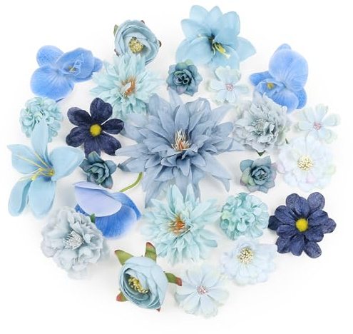 LARDUX 24 Stücke Kunstblumen zum Basteln,künstliche blumenköpfe klein Blüten Künstlich blütenköpfe groß Seidenblumen Köpfe Mix für DIY Basteln Scrapbooking Hochzeit Party Home Handwerk Deko-Blau
