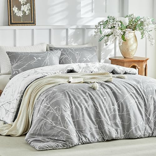 Lekesky Bettwäsche 220x240 3teilig + 2 Kissen 80x80, Grau Weiß Zweig | 1 Bettbezug 220x240, 2 Kissenbezüge 80x80 mit Reißverschluss, Bedding mit Reißverschluss, Mikrofaser Maschinenwaschbar