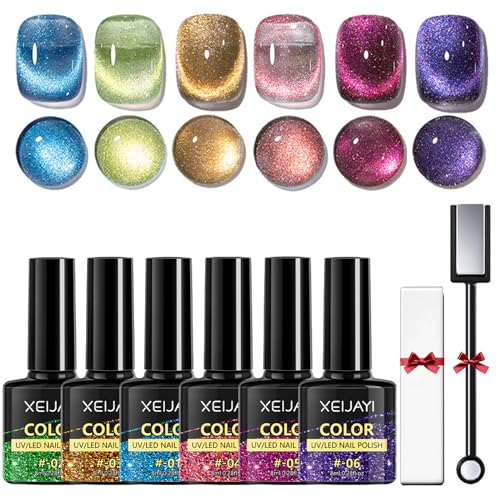 6 Farben UV Cat Eye Gel Nagellack Set - Magnetismus Soak Off UV/LED Polish - Bunt Lebendig Nagelkunst DIY Set Mit 2 Magneten