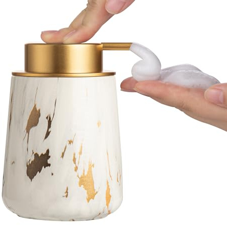 Enra Ceramic Gold Foaming Soap Dispenser,12 oz Marble Foam soap Dispenser Bathroom Refillable Hand Soap Dispenser for Bathroom Kitchen with Easy-to-Press Pump (Glod Foam Type)