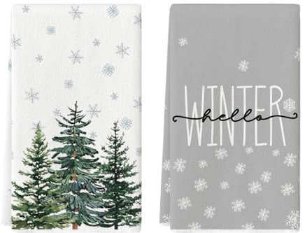 Artoid Mode Kiefern Bäume Schneeflocken Weihnachten Küchentücher Geschirrtücher, 42x65 cm Saisonale Hello Winter Deko Polyester Handtücher 2er Set