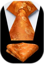 HISDERN Corbata naranja Corbatas florales para hombres Corbata y pañuelo de bolsillo Conjunto para boda Fiesta Negocios Corbata formal con caja de regalo