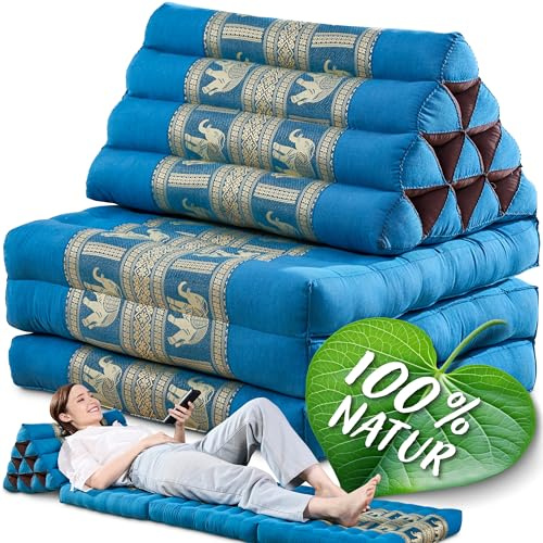 Namasdee Thaikissen 3 Auflagen 175x55x8cm mit 100% natürlicher Kapokfüllung (Hellblau/Elefanten Seide)