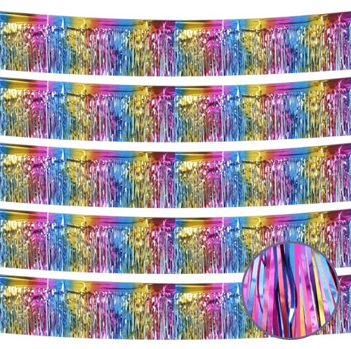 Ohiyoo Paquete de 5 guirnaldas de flecos de papel de aluminio arcoíris, 50 pies para colgar en la pared, serpentinas de oropel metálicas para desfiles, flotadores de desfile, fiesta de cumpleaños,