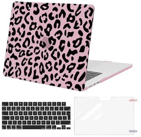 MOSISO Kompatibel mit MacBook Air 15 Zoll Hülle M5 M4 M3 M2 2026 2025-2023 | Kunststoff Leopardenkorn Hartschale Hülle&Tastaturabdeckung&Displayschutz A3448 A3241 A3114 A2941, Rosa