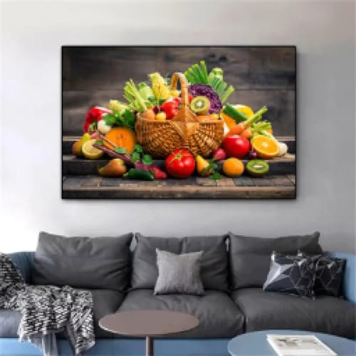 Kitchen Canvas Wall Art Fruit and Vegetable Basket Posters and Prints Wall Pictures for Living Room Restaurant Decoration 70x140cm(28x55in) blackframe