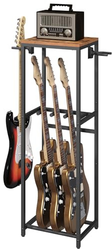 MAHANCRIS Guitar Stand, Guitar Rack for Acoustic Holder, Electric Guitar, Bass, Multiple Guitar Rack Holder for 3 Guitars, Guitar Amp Accessories, for Home Music Studio, Rustic Brown and Black GSHR6301