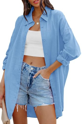 Cicy Bell Women's Blouse Oversized Cotton Shirts with Pockets | Long Sleeve, Button Down, Solid, Casual, Summer Basic Top