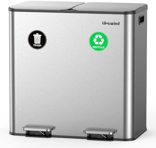 lovewind Mülleimer, 2 x 40L Mülleimer Küche, Doppeleimer für Recycling und Abfall, Silber, Mülleimer aus Edelstahl mit Deckel und Inneneimern, Großes Fassungsvermögen, Deckel mit Soft-Close-Funktion