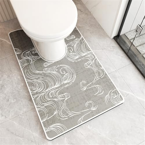 Treer WC-Vorleger mit Ausschnitt, Toiletten Vorleger für Stand Kieselgur WC U-förmig Badematte Teppich rutschfest Weich Waschbar für Freistehende Toiletten (Graue Meereswellen,55 * 90cm)