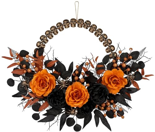 Briful 26 Autumn Wreath for Front Door, Mini Skulls Halloween Wreath with Orange Silk Roses and Black Artificial Peony for Autumn Indoor Window Thanksgiving Halloween Decorations